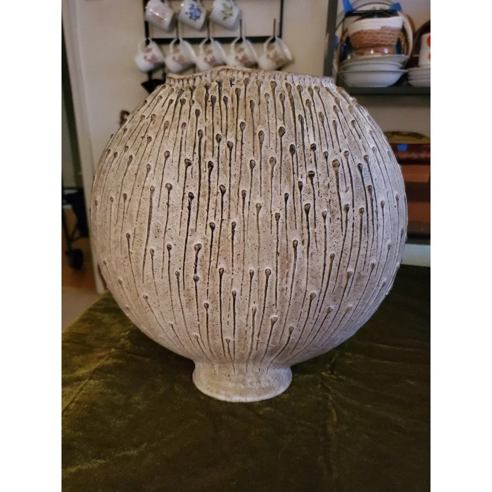 MCM 70s Round Ceramic Vase with Textured Drip‎ Design, Signed Pottery Decor